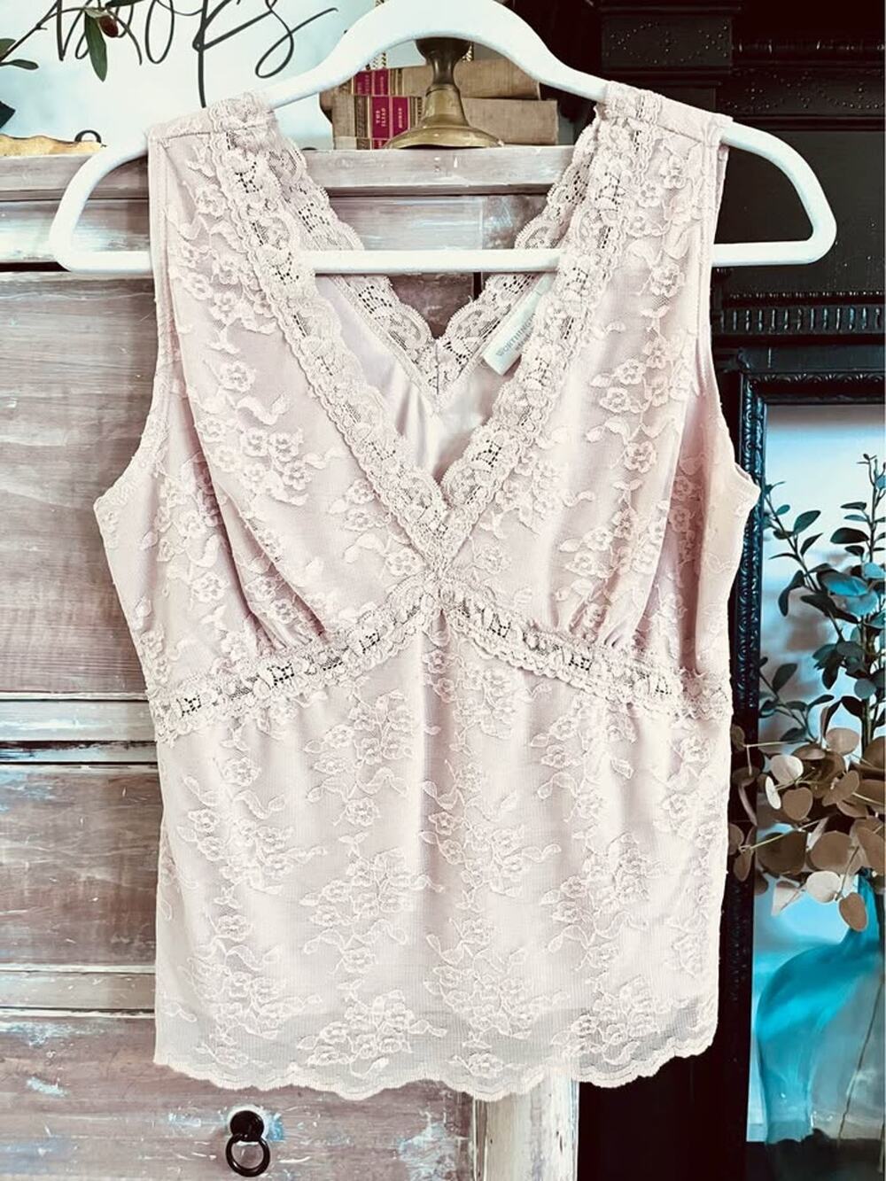 Vintage Y2K Lace Babydoll Fairy Cami Tank Top Large Mesh Tan 90s Cottage Country
